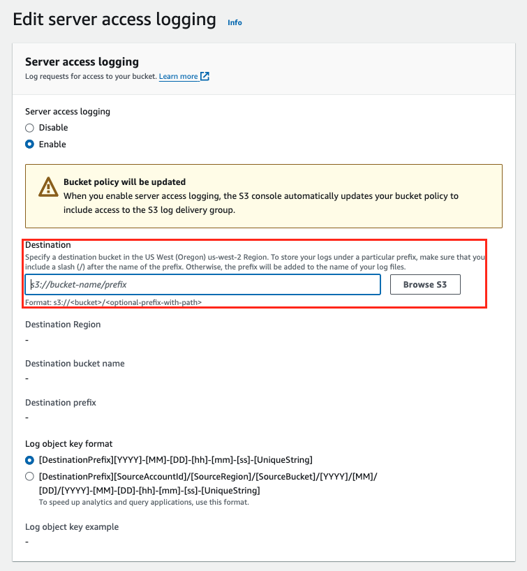 edit s3 access log settings